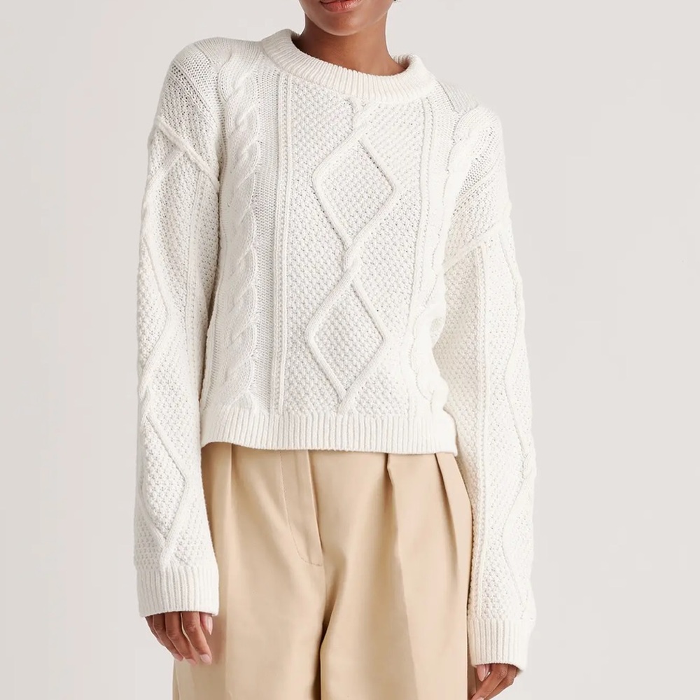 NWT Quince 100% Organic Cotton Cropped Cable Crew Sweater Ivory Size Large